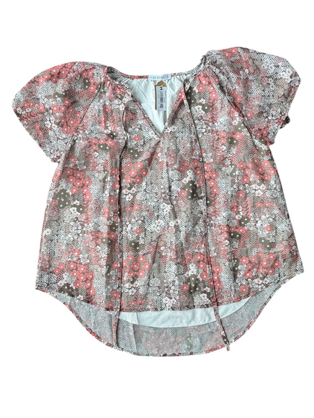 NWT Miss Sparkling Floral Tie-Front Peasant Blouse Size M